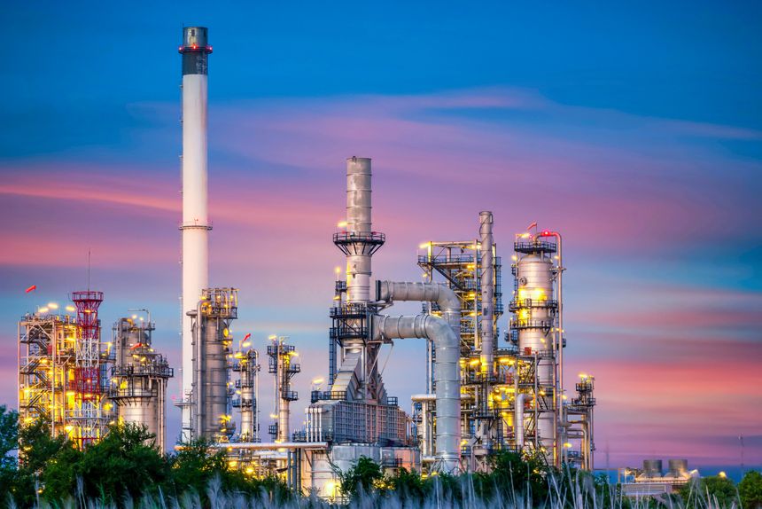 Oil and gas refinery plant at night, Global business energy logistic transportation, Oil and gas refinery petrochemical industrial, Petrochemical refinery industrial energy supply chain.