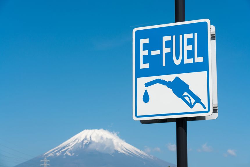 Mt. Fuji and carbon neutral fuel signboard Synthetic fuel E-FUEL