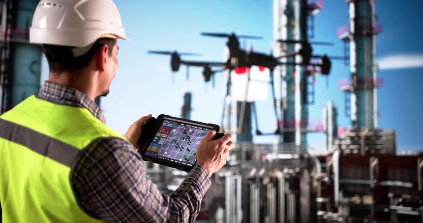 Observing With A Camera, A Technician Inspects Oil Refinery Pipes Using Drone