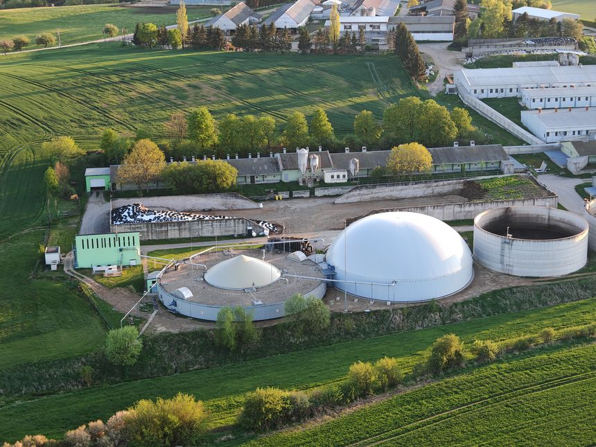 biogas production, biogas plants, bioenergy,aerial panorama landscape view of bio gas production facility and powerplant,European energy crisis,green renewable energy production, Czech republic,Europe