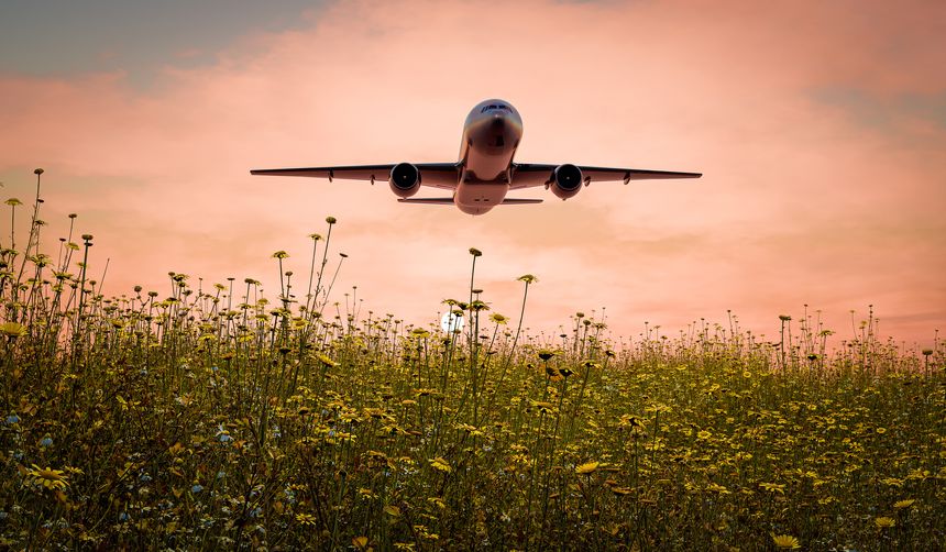 Ecoconscious travel promotes sustainable aviation fuel to reduce carbon footprint  - 3D illustration