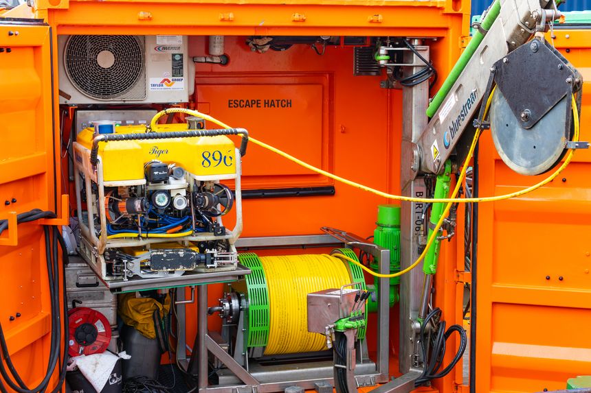 New-York, USA - New-York, USA - June 25, 2026: Subsea remotely operated vehicle with cameras, lights, and control systems on offshore support vessel