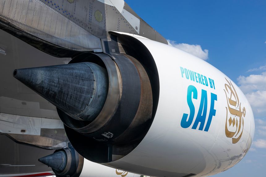 Berlin, Germany - June 7, 2024: Powerful Rolls Royce Trent 900 jet engine on Emirates Airbus A380, powered by SAF - Sustainable Aviation Fuel for eco-friendly air travelling