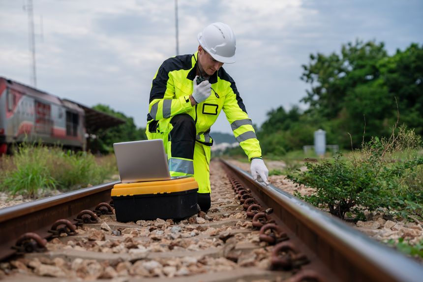 A man in a yellow and black safety suit is working on a train track. He is using a laptop and a box. Inspection and checking of railway tracks, railway maintenance.