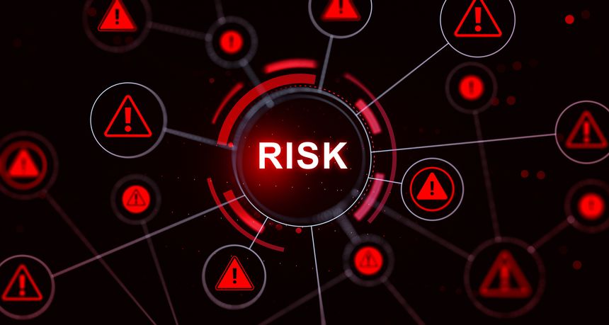 Red warning icons with exclamation marks linked in a creative digital network around a glowing central RISK alert, on a blurred dark background, concept of cybersecurity and danger, 3D Rendering