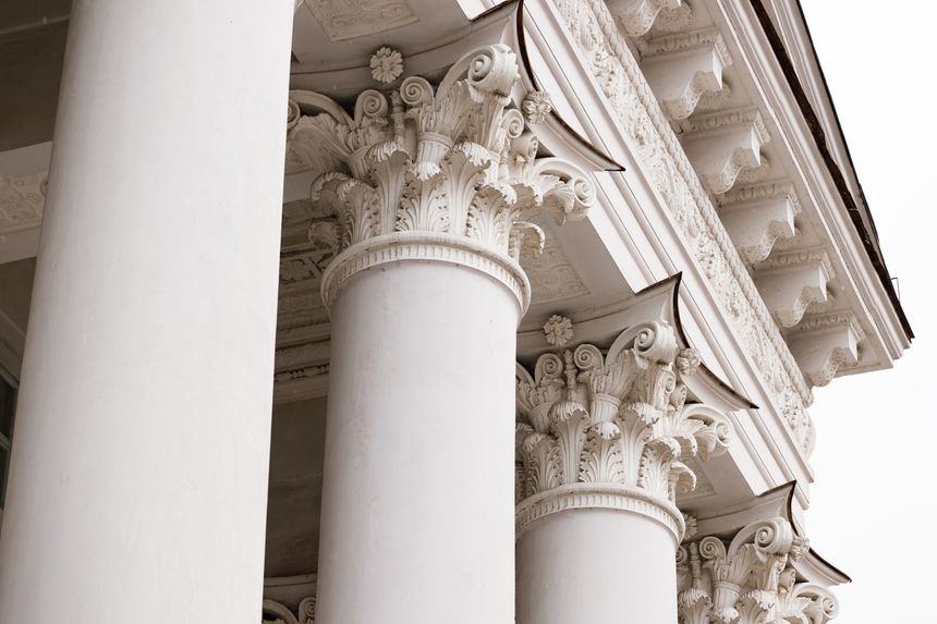 neoclassical marble column architecture object external frame facade side foreshortening from below on white background