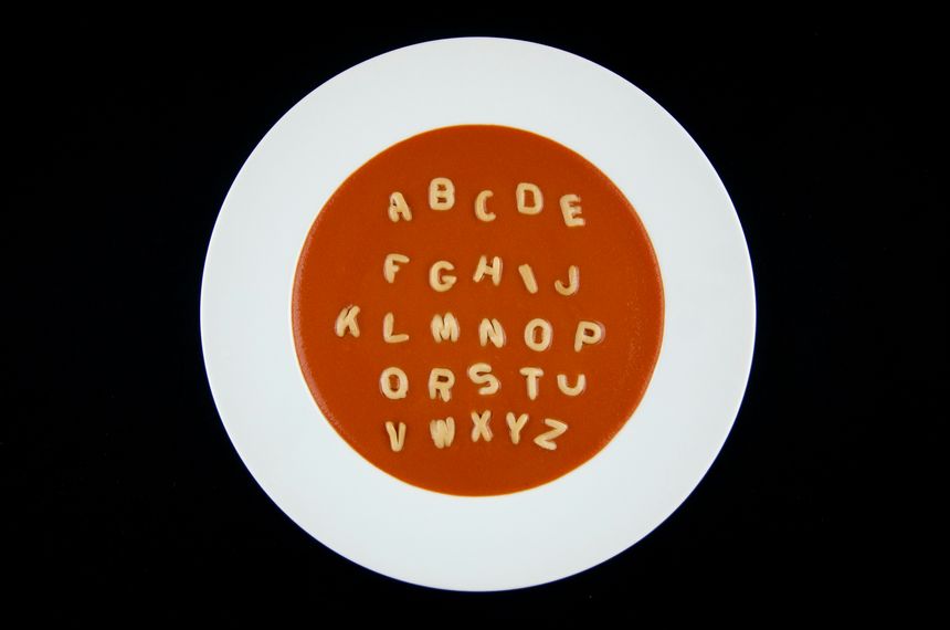 letters of the alphabet in tomato soup