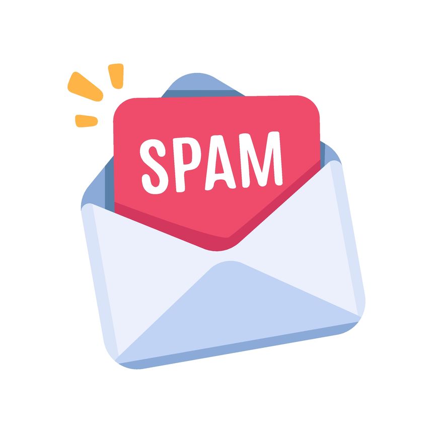 An open blue envelope reveals a prominent red message card marked SPAM, symbolizing unwanted digital communication and online security risks.