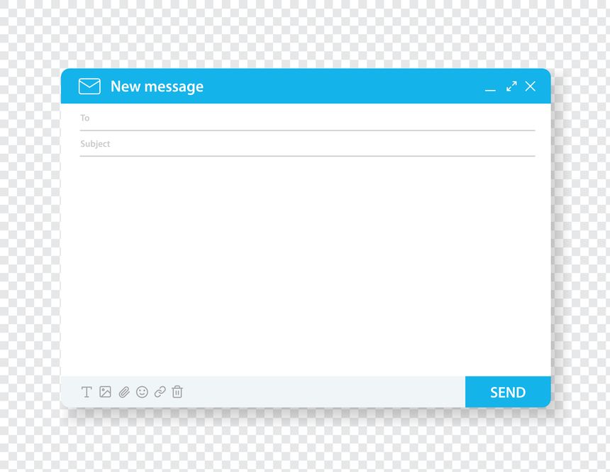 New message empty template realistic vector illustration. Blank email with addressee and subject lines isolated on transparent background. Electronic correspondence with thin line text editing icons