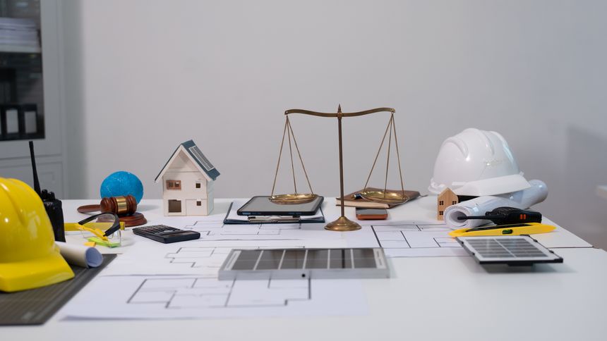 Construction planning and property law concept: blueprints on desk with hard hats, scale model house, calculator, tools and balance scales, symbolizing real estate, engineering and legal compliance.