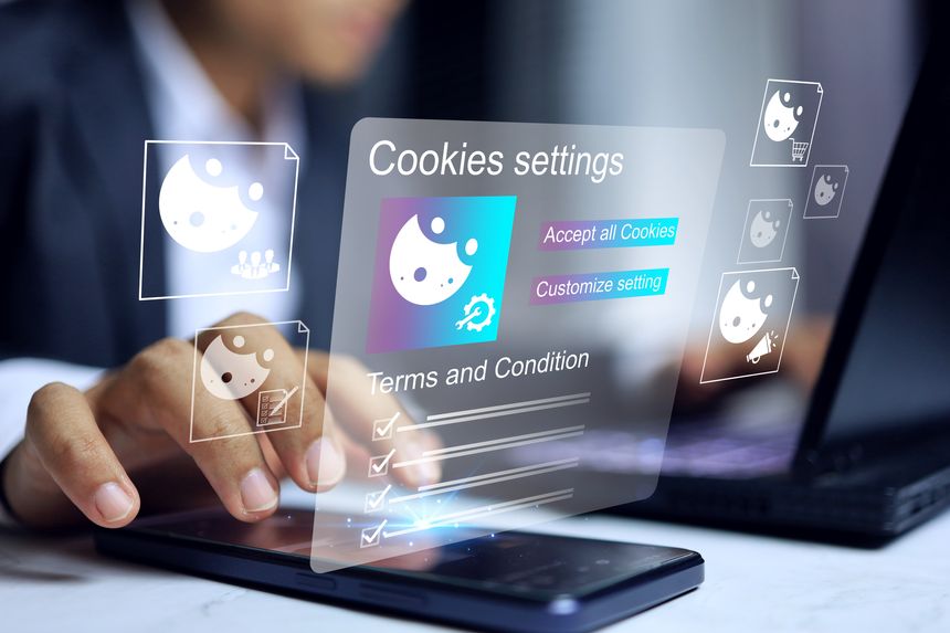 cookies policy concept with businessman reading and setting term and policy before accept cookies web browser