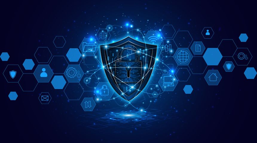 Cyber security concept with shield symbol and lock. Data protection and cyber privacy. Innovative concept of advanced safety technology