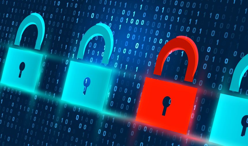 Concept of a cybersecurity breach and data vulnerability. A single red unlocked padlock stands out from a row of secure locks on a digital binary code background.