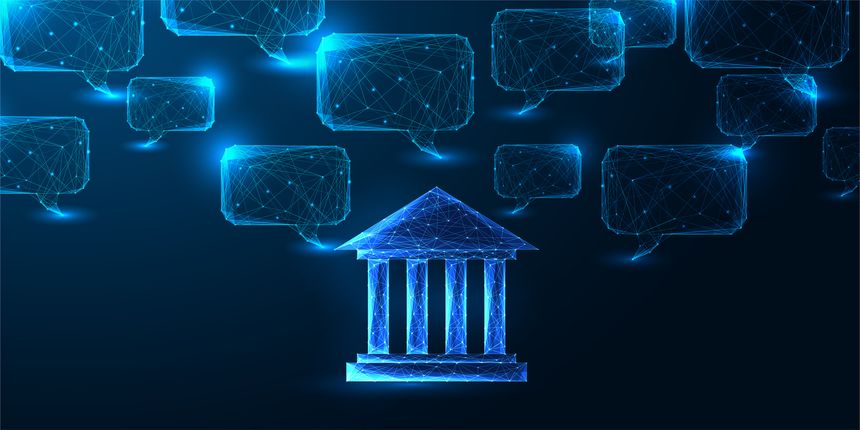 Speech bubbles and courthouse. Digital democracy, public policy, AI in governance, and e-government. Polygonal low poly tech vector on justice and transparency in communication. Vector illustration