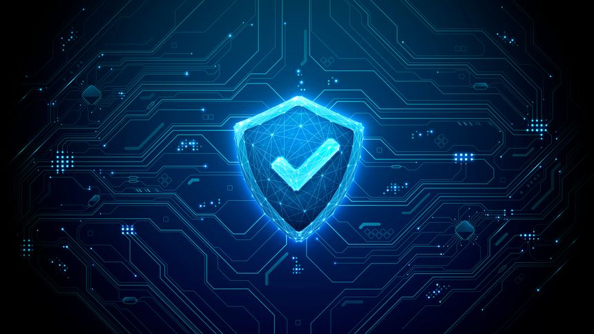 Digital shield icon with cyber lock elements protects data networks. Modern cybersecurity concepts feature blue tech patterns and secure system defense for online privacy