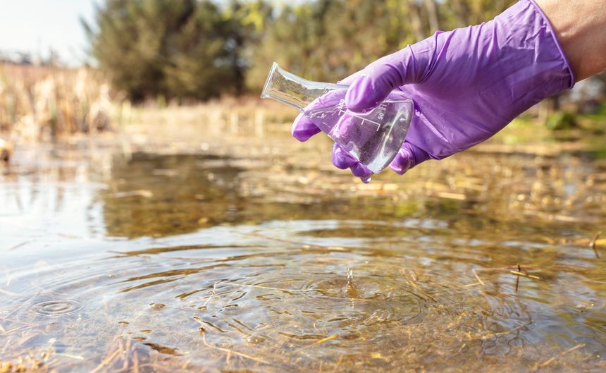 Water sample and purity analysis test, liquid in laboratory glassware testing for pollution, contamination, water quality control or plastic substance distribution