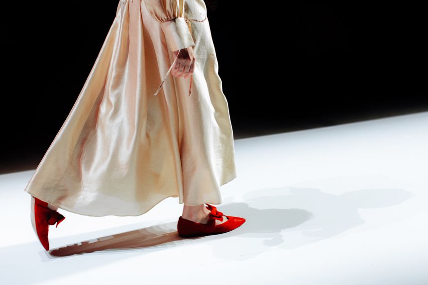 Elegant creative women fashion cloth, long yellow dress and velvet red shoes, chic clothes design outfit