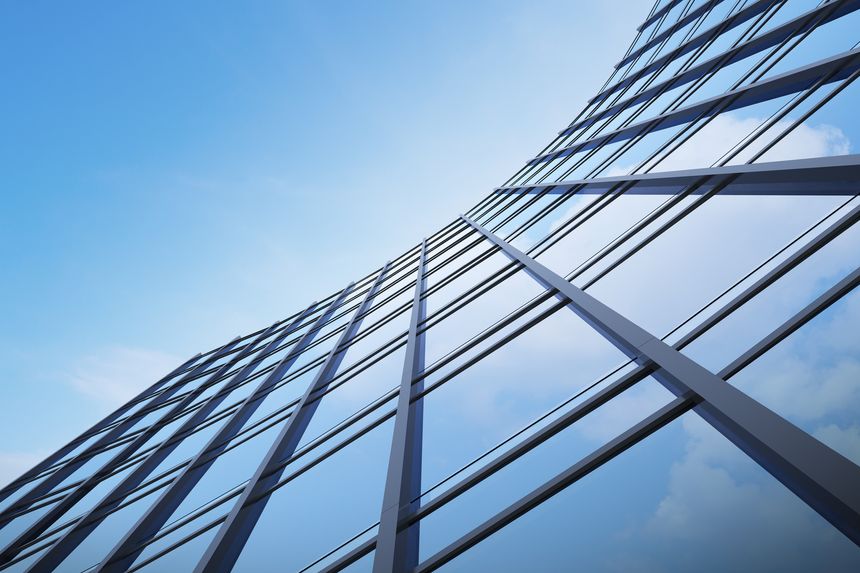 Low angle view of futuristic architecture, Skyscraper office building with cloud reflected on window, 3D rendering.