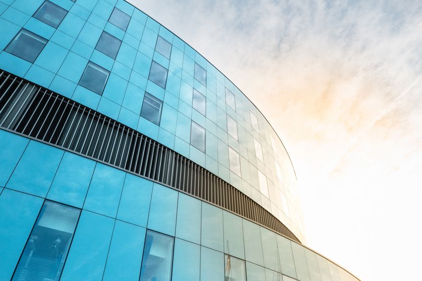 Abstract view of the newly built Royal Papworth hospital showing its modern and curved design. Both wards and operating theatres are within the building located in Cambridge, UK.
