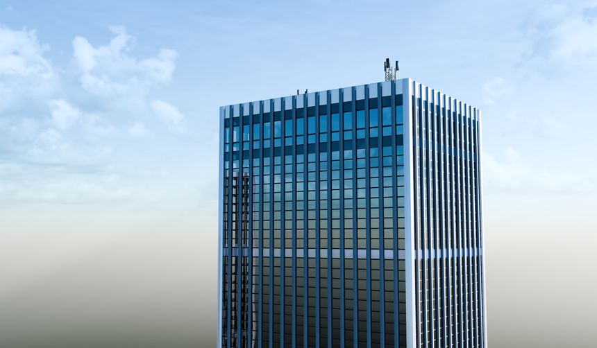 High-rise building, sky background, city, glass building, 3D illustration