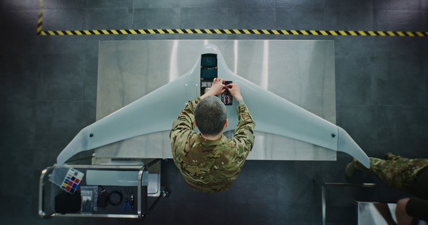 Engineer in Military Uniform Assembling Unmanned Aerial Vehicle. Man in Camouflage, Working on Internal Components of Fixed Wing UAV. Concept Precision of Military Technology Production. Top View.