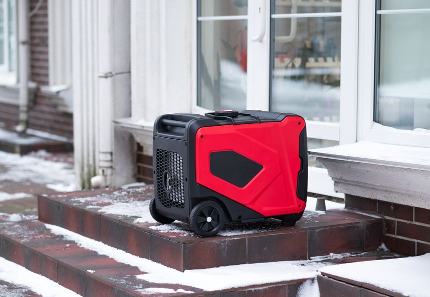 Red portable inverter generator standing on snowy stairs near a building. Backup power source for home during winter blackout or energy crisis.