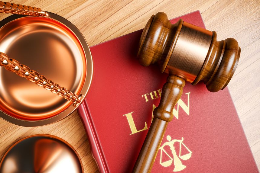 The attributes of the court of justice. 3d render