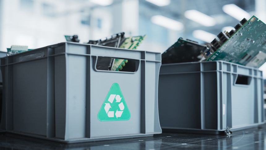 Close Up Shot Of Boxes With Computer Parts Sorted For Recycling At Sustainable Electronics Factory. Motherboards And Microchips Are Collected And Prepared For Reuse in Modern Technological Devices.