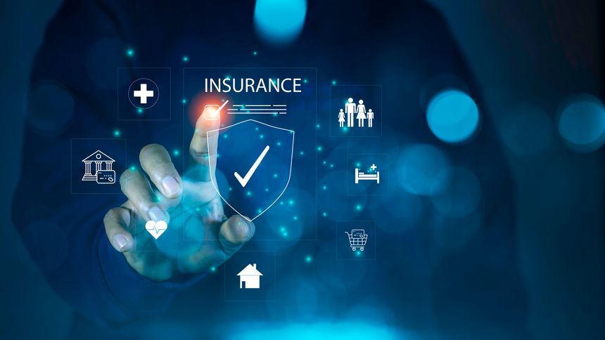 Businessman selecting digital insurance checklist on virtual screen, showing policy options, risk management, online insurance services and secure protection.