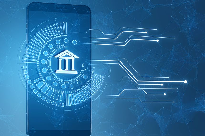Close up of smartphone with creative polygonal circuit banking hologram on blurry background. Digital transformation and online bank concept