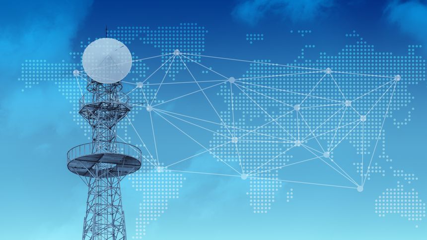 World wide communication concept, Radio Signal Tower with global map network, Digital data transmission internet connection. Interlink tunnel infographic.