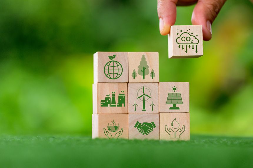 Net zero greenhouse gas emissions reduction with carbon credit concept. Reduce carbon dioxide e.g. renewable energy production improve the efficiency of transportation reduce environmental pollution.