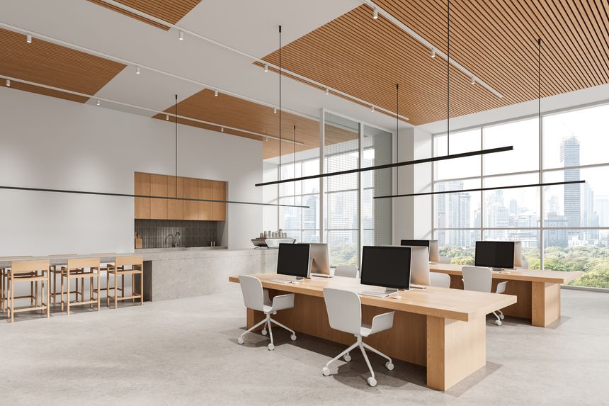 Contemporary office interior with wooden desks and clean lines, realistic style on a city background, concept of modern workspace, 3D Rendering