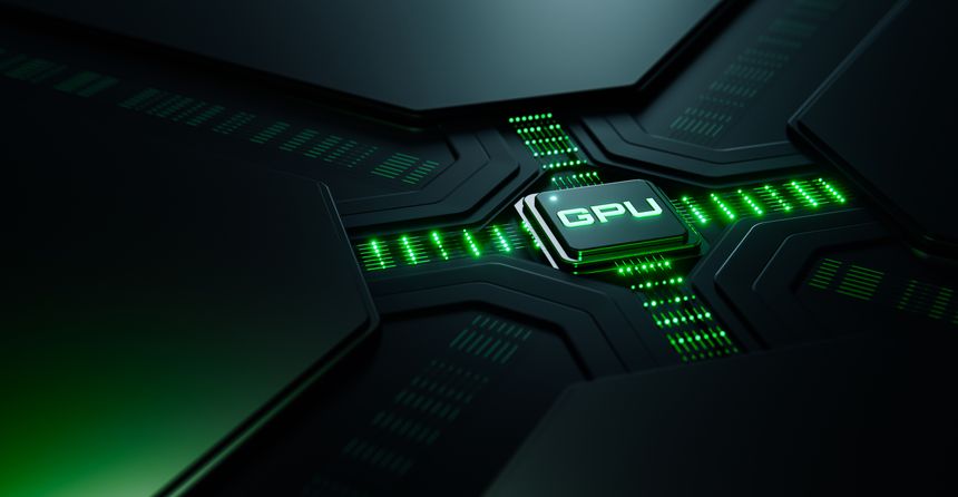 Futuristic GPU Processor. Graphics Processing Unit on Circuit Board.