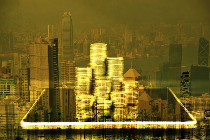 Double exposure of coins stacks with tablet on city background and financial graph, business planning vision and finance analysis concept idea.
