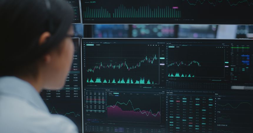 Woman Engages With Real Time Stock Data on Multiple Analytical Displays in Vast, Innovative Digital Hub. Concept of Seamless Global Communication and Professional Expertise in Futuristic Workspace.