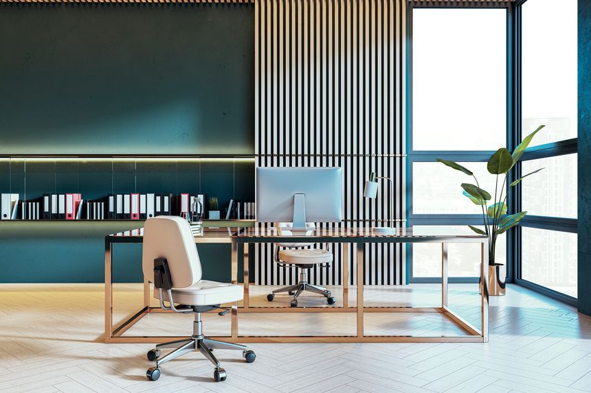 Contemporary office interior with a sleek desk and chair, striped wall design, and large windows. A bright and professional workspace view. 3D Rendering.