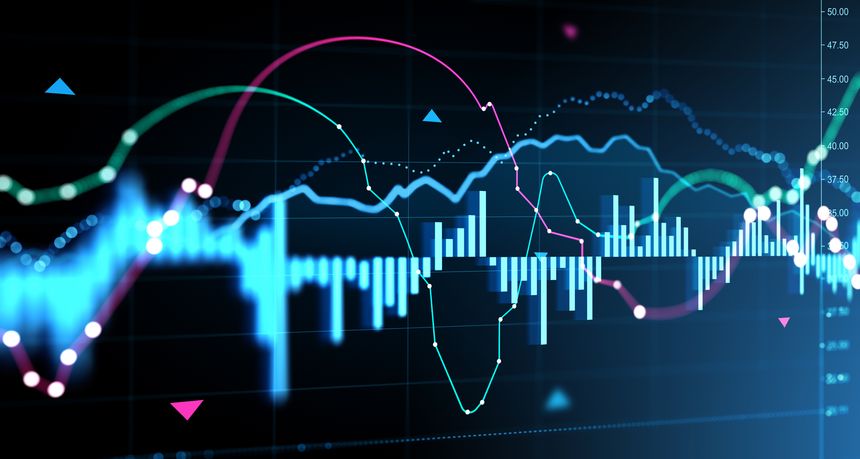 Glowing financial market chart with neon lines, candlesticks, and data points in 3D Rendering on a dark background, conveying trading analysis