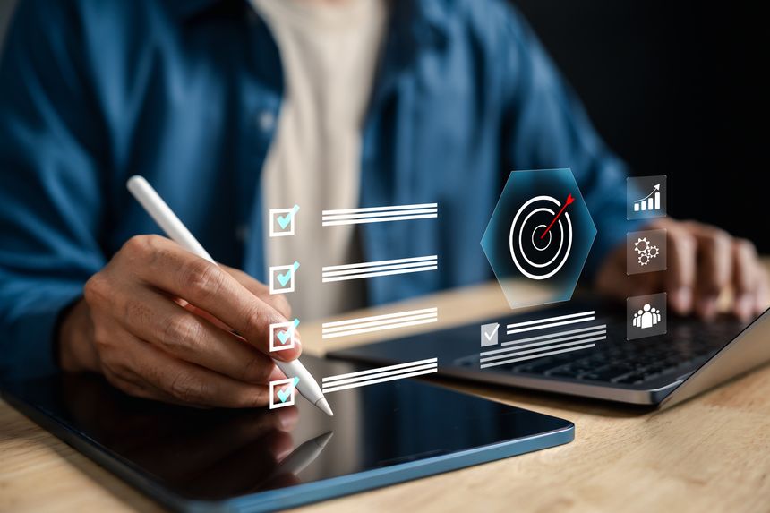 Target planning and goal setting for business success, digital checklist and dartboard on tablet screen. Ideal for strategy, achievement, task tracking, and productivity workflow