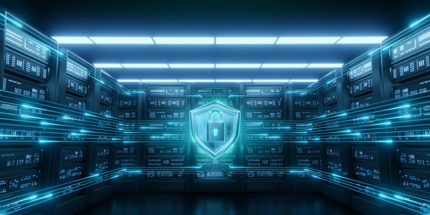 Cybersecurity shield icon padlock data center server racks. Digital network, glowing lines, secure data protection. Privacy, cloud computing, information security, technology background. 3D render.