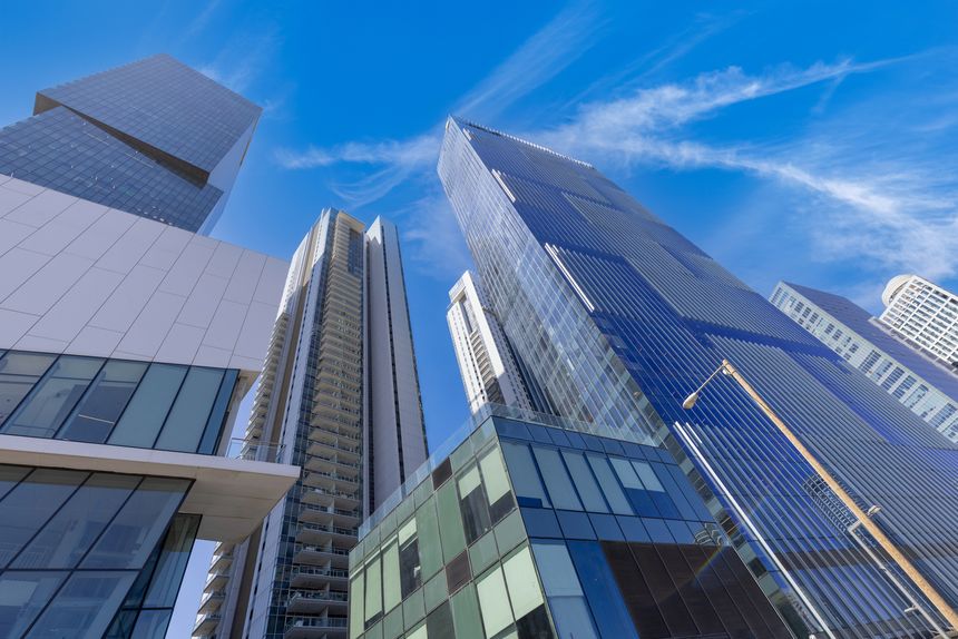 Israel, Tel Aviv financial business district skyline with shopping malls and high tech offices.