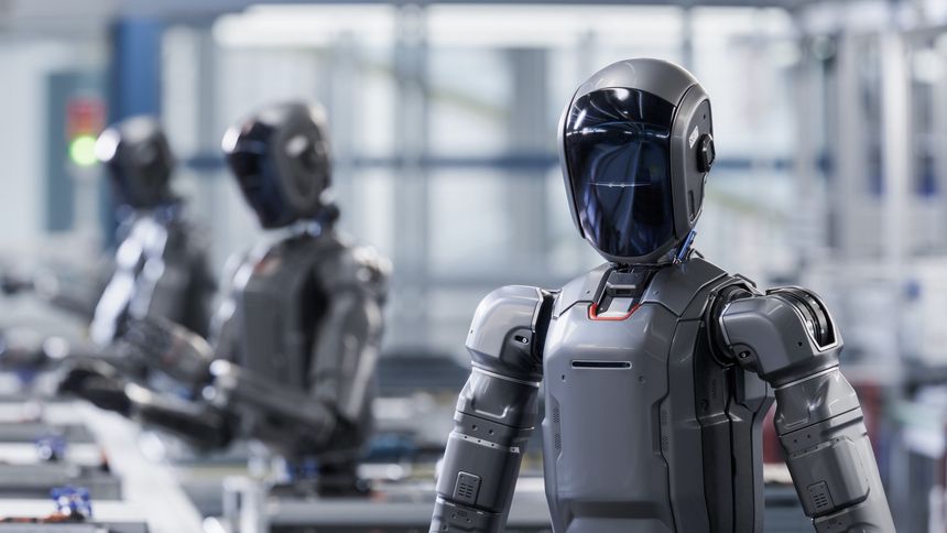 3D Render: Industrial AI Transformation: Autonomous AI Powered Humanoid Robot Walking through a Factory and Transporting a Box. Advanced Human Like Smart Robot Working in Industrial Environment.