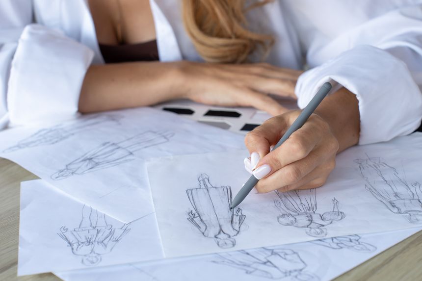 Fashion professional explores color theory and garment structure through hand-drawn illustrations and textile samples.