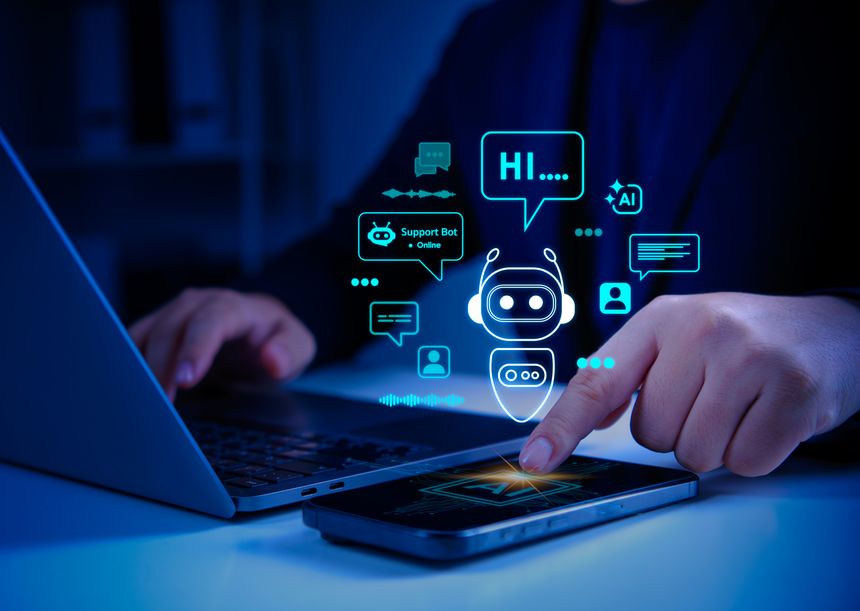 AI assistant interaction, Person using smartphone chatbot powered by artificial intelligence. Virtual assistant apps, smart support systems, machine learning, digital communication concepts.