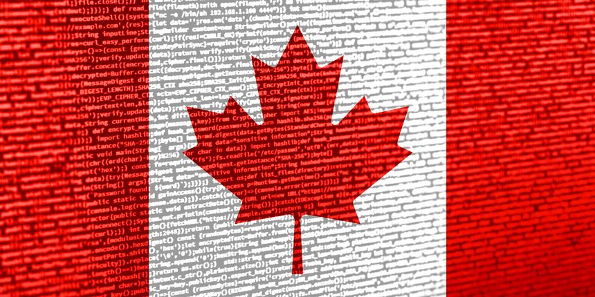 Digital concept with the flag of Canada on a tech background. Canada in the context of cybersecurity, programming, and digital sovereignty. Symbolic image of site development in Canada.