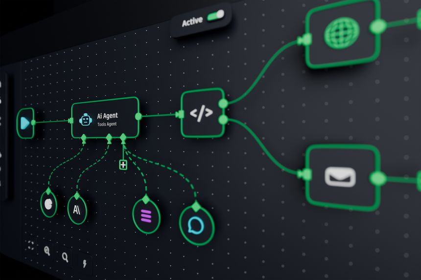 AI workflow automation artificial intelligence software interface nodes triggers data tool dashboard coding icon flow process technology 3d rendering.